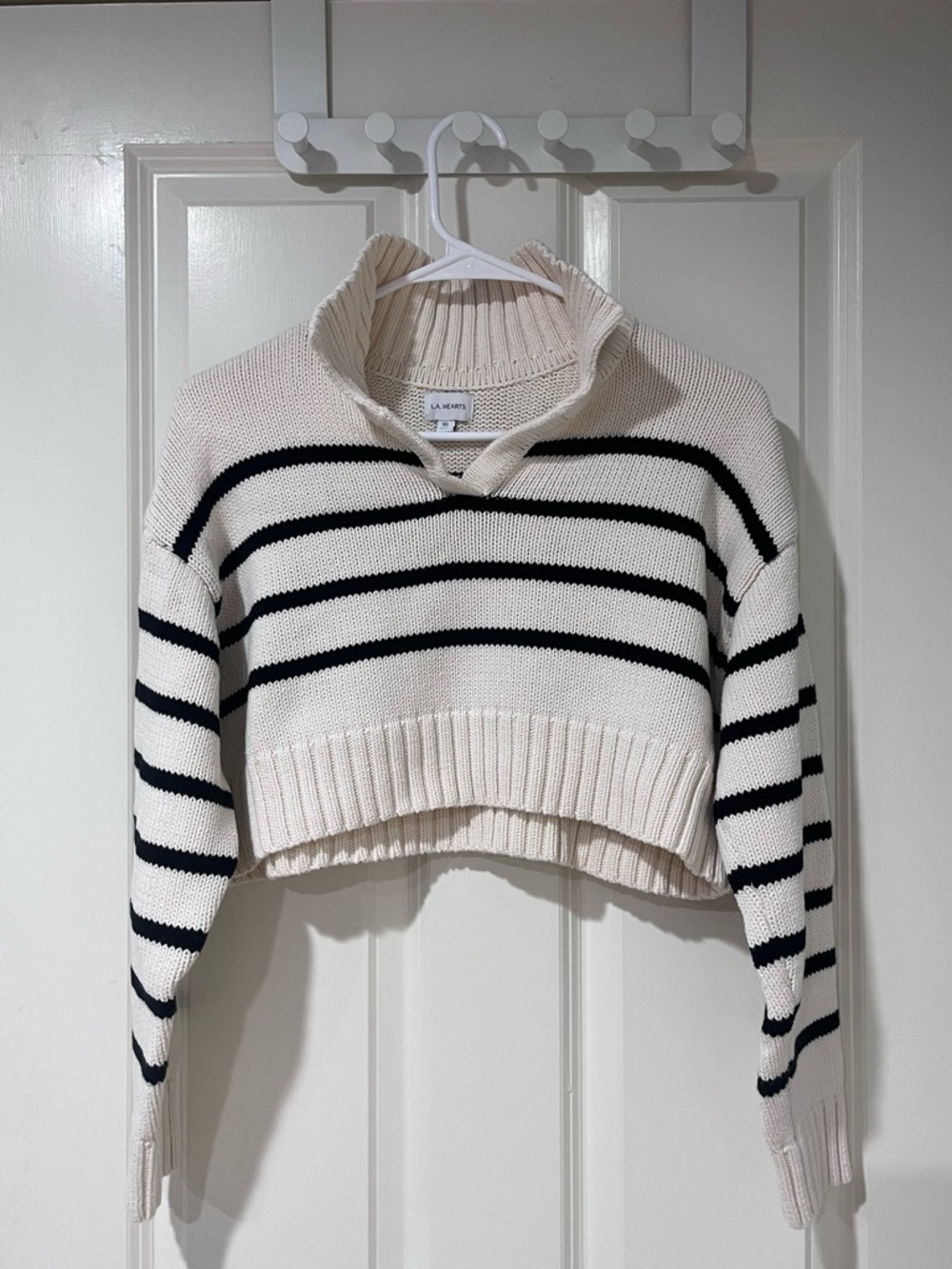 La Hearts Cream and Black Striped Cropped Turtleneck Sweater